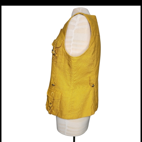 SANDRO Sportswear Yellow Safari Vest Jacket Multi Pocket Linen Cotton Sz XL - Picture 3 of 11